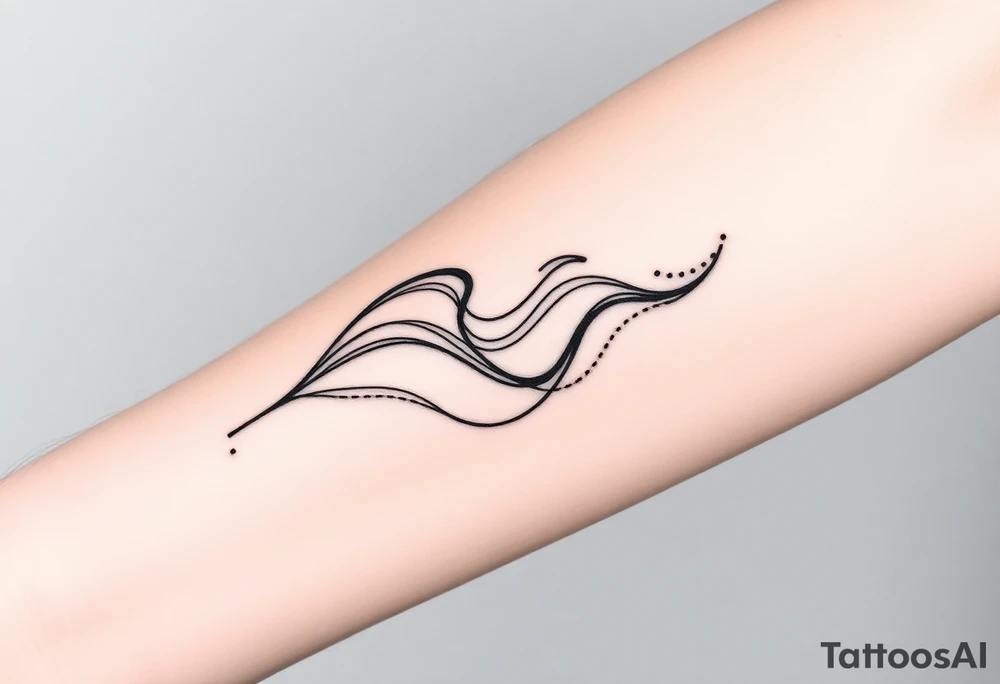 Bold abstract line tattoo for a male, inner forearm wrapping around the elbow, sharper wave forms, confident flowing black lines with controlled dotwork, strong contrast, modern masculine style, black ink only, no softness, tattoo-ready. tattoo idea