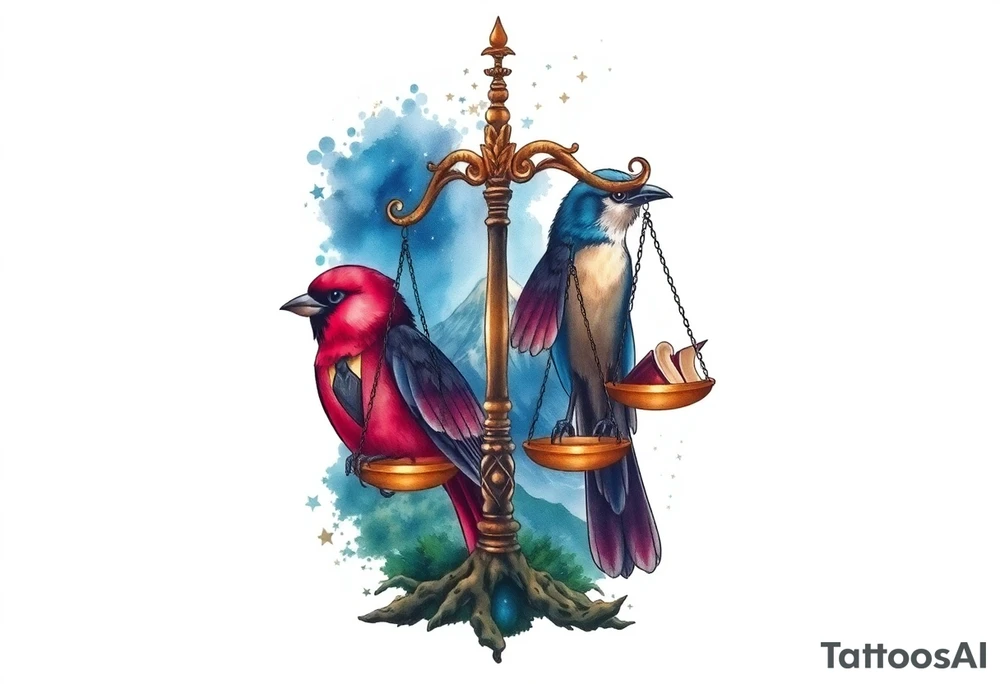 one of the birds red wearing a suit, other bird navy blue with glasses or holding a book, scales of justice built into a tree, starry night painting and mountain background tattoo idea