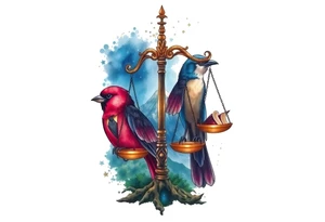 one of the birds red wearing a suit, other bird navy blue with glasses or holding a book, scales of justice built into a tree, starry night painting and mountain background tattoo idea