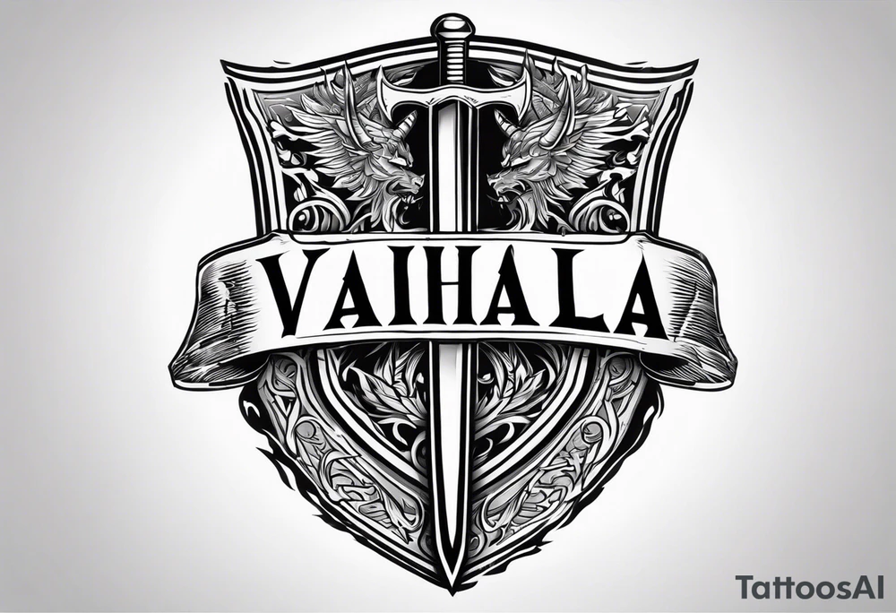 Valhalla on fire shield sword tattoo idea