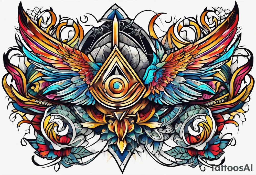 Bold geometric tapestry trident in colour on arm tattoo idea