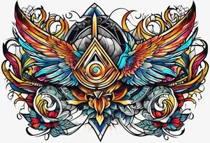 Bold geometric tapestry trident in colour on arm tattoo idea