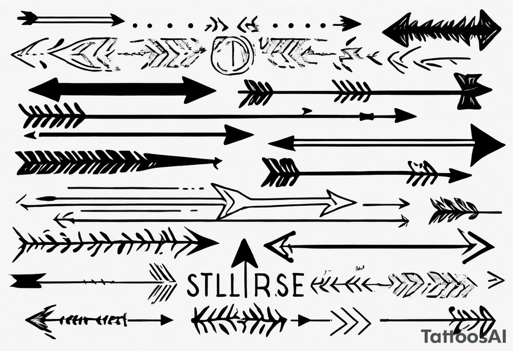 I want a very thin plain arrow going through the sentence “still i rise” which uses a handwritten thin spaced out font tattoo idea