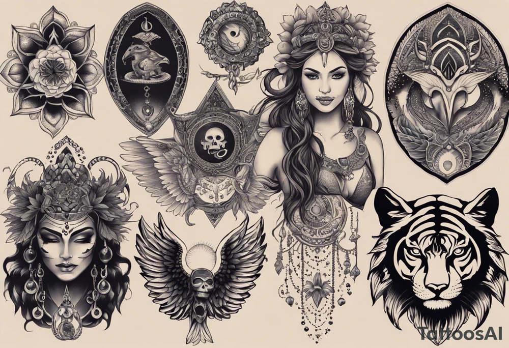 black kali, goddess pirate, alien, angel, pachamama, valkrye, warrior, flying, skull, lotus azul, wing, eagle, zenza resonance, stars, 5D, anahata chakra, death, durga, riding on a tiger, flying lady, kundalini, chest tatoo tattoo idea