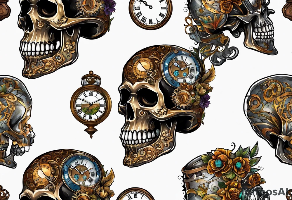 Steampunk skull, with clock and hour glass tattoo idea