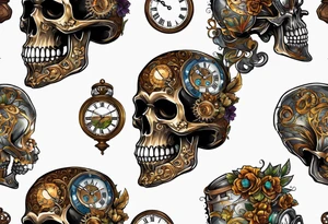 Steampunk skull, with clock and hour glass tattoo idea