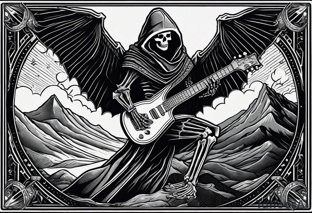 A tarot card showing a hooded skeleton playing a flying v guitar on top of a mountain made of amps,  the text says "XXII The Bard", lightnings in the background tattoo idea