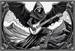 A tarot card showing a hooded skeleton playing a flying v guitar on top of a mountain made of amps,  the text says "XXII The Bard", lightnings in the background tattoo idea