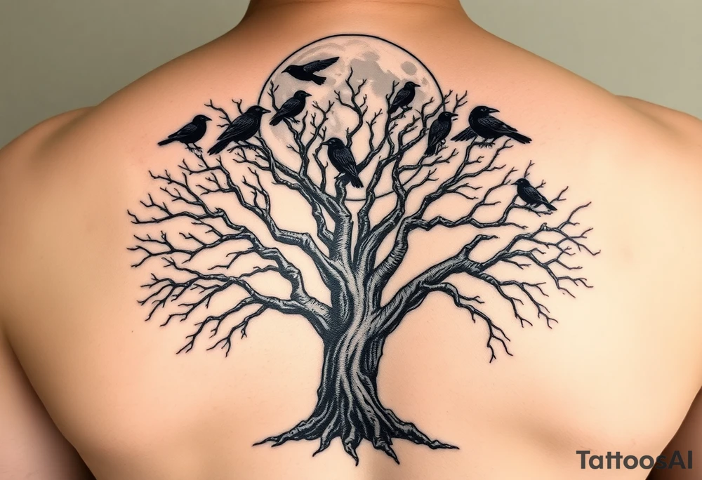 A very realistic, large tree of life that is bare with lots of crows above it a moon that’s large behind the whole thing and two Viking hatches that would go across my shoulder blades. This is a backpiece. tattoo idea