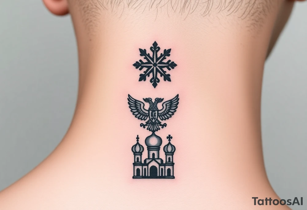 Stacked Vertical Column 

Russian star — small, bold
Middle: Miniature double-headed eagle — simplified, cleaner lines to suit the smaller space
Bottom: Orthodox church dome(s) with a small Virgin Mary silhouette beneath tattoo idea