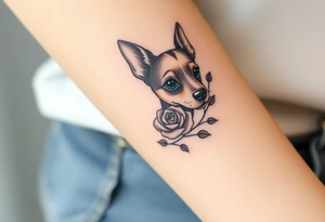Cute female Brindle dog with the name kiwi . And a tiny rose around her . With her ears pointy a little big tattoo idea