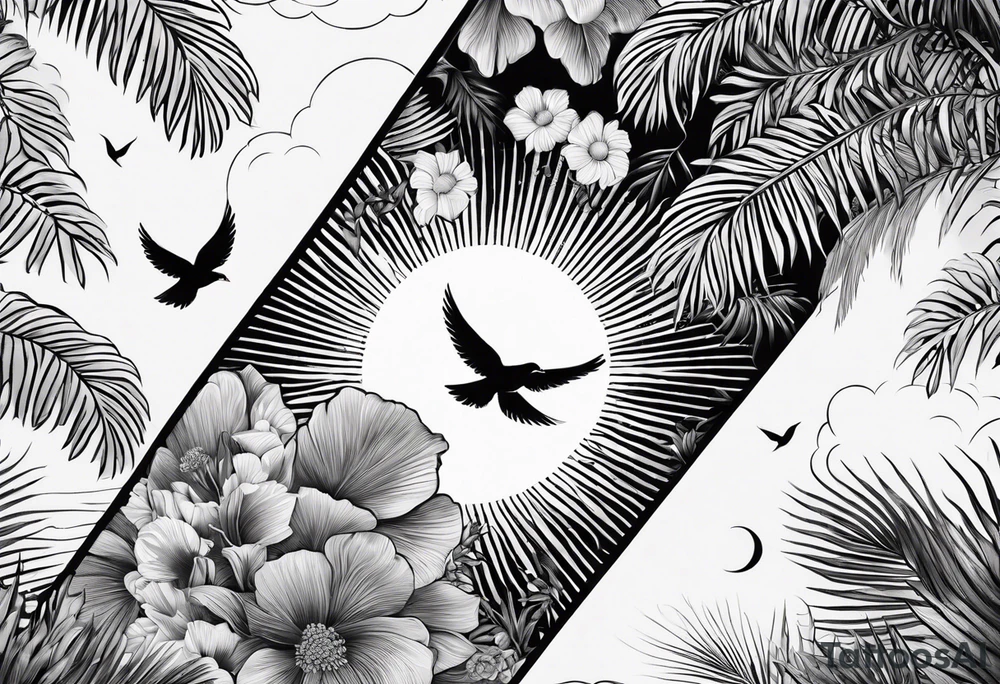 arm sleeve, clouds, dove, sun, flowers, palm trees, tattoo idea arm sleeve, clouds, dove, sun, flowers, palm trees, tattoo idea
