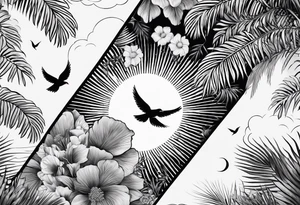 arm sleeve, clouds, dove, sun, flowers, palm trees, tattoo idea