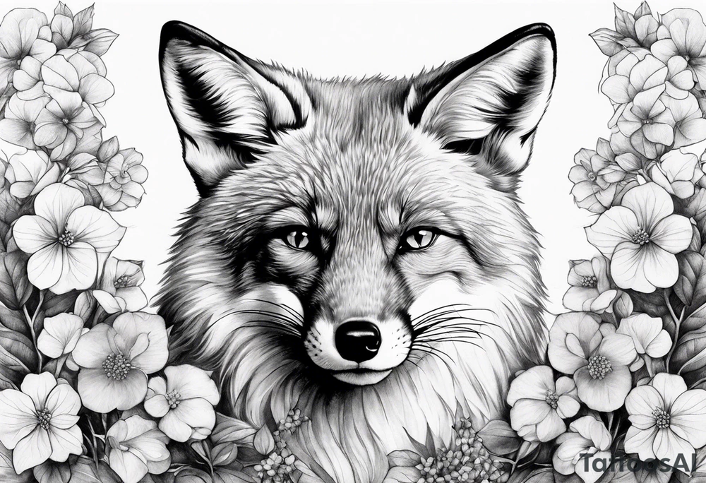 sitting fox, full body, realistic, hydrangeas tattoo idea sitting fox, full body, realistic, hydrangeas tattoo idea