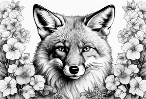 sitting fox, full body, realistic, hydrangeas tattoo idea