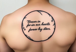 Big half moon with writing inside saying Forever in our hearts forever in the stars 
RIP 
ANTHONY LAMONT DEAL tattoo idea