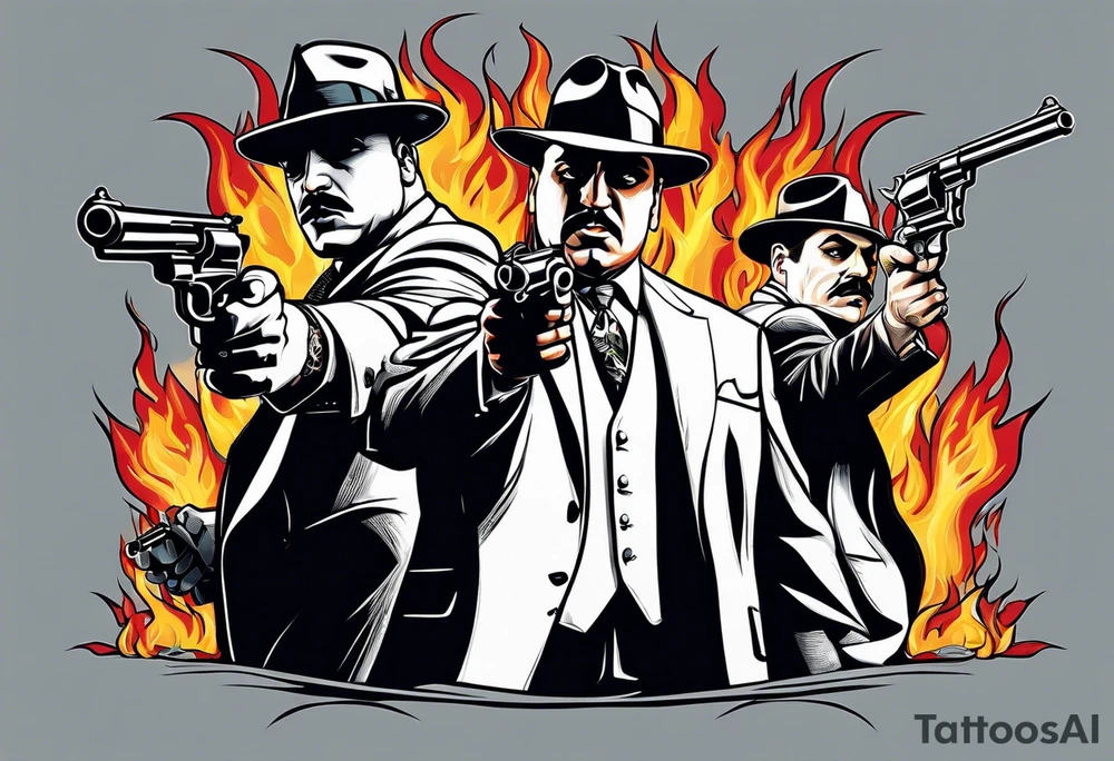 capone style gangsters having a shootout against a dark background scene with flames blues tattoo idea