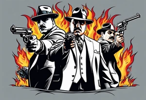 capone style gangsters having a shootout against a dark background scene with flames blues tattoo idea
