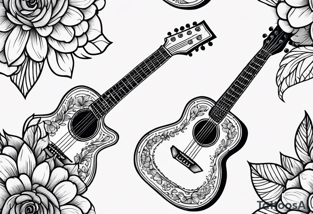 traditional vintage tattoo of guitar simple  flowers tattoo idea