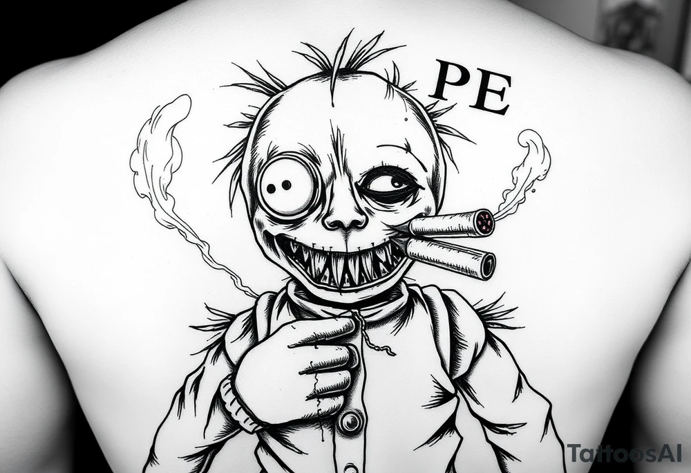 Stitched up rag doll with a button as one eye and some thread as the other. Scary. Warn down. Razor like shark teeth with blood dripping. Holding some money in one hand and a cigar in the other hand. Smoke pouring off the cigar with the cloud of smoke above spelling out the word DOPE tattoo idea