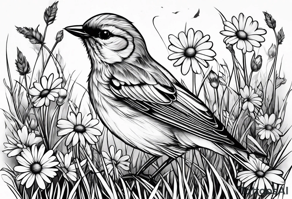 Little bird perched in grass with a daisy tattoo idea