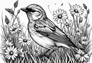 Little bird perched in grass with a daisy tattoo idea