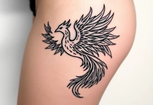 majestic fiery phoenix surrounded by fire. with a crown of fire flapping wings with a flaming tail tattoo idea