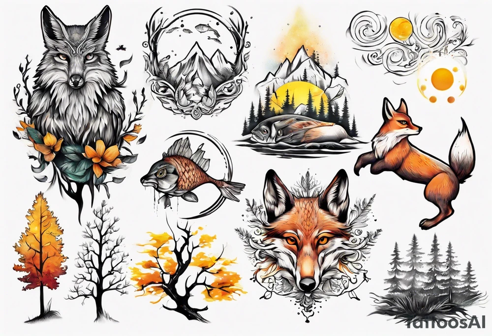 sonne, eule  wald, fuchs 
baum, sapere aude, Wasser, fisch tattoo idea