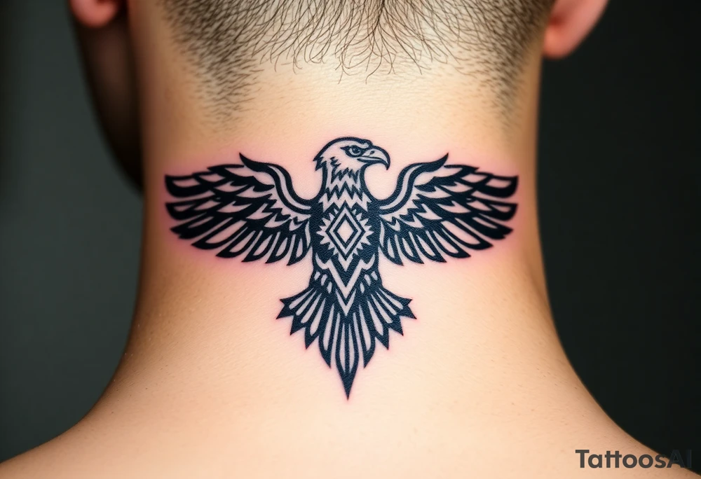 A tribal eagle in black ink with geometric patterns, seamlessly blending traditional and modern tattoo styles tattoo idea