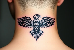 A tribal eagle in black ink with geometric patterns, seamlessly blending traditional and modern tattoo styles tattoo idea