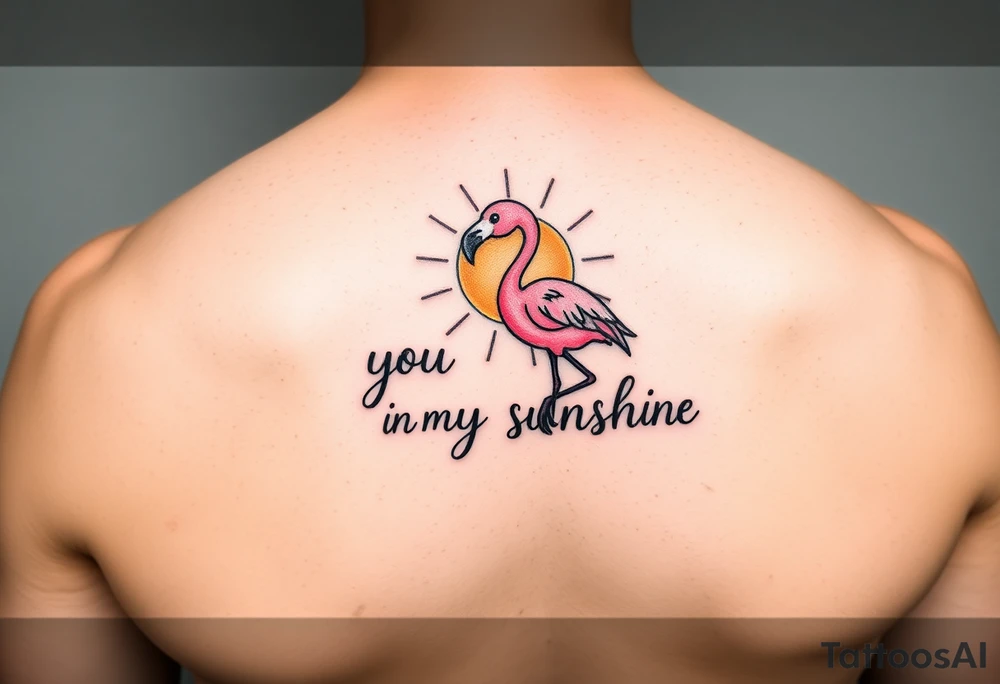 Cute cartoonish Flamingo with a sun and the saying you are my sunshine with colors tattoo idea