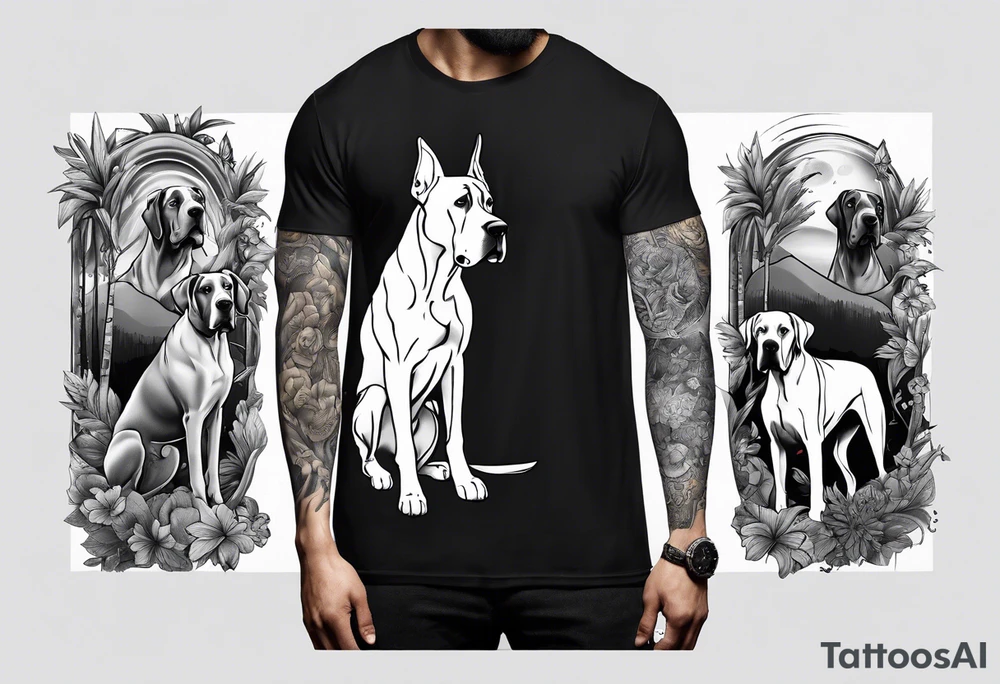 (full arm sleeve on guy) with (4) Four Great Dane floppy ear dogs with an outdoor vibe tattoo idea