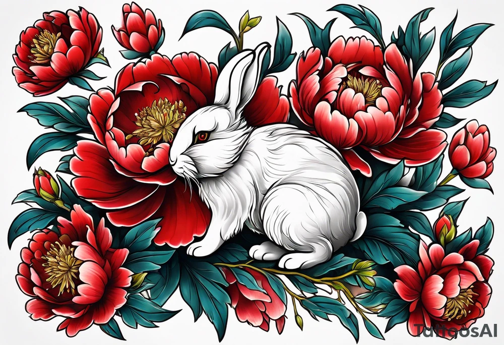 Red peony with small rabbit tattoo idea