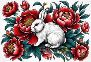 Red peony with small rabbit tattoo idea