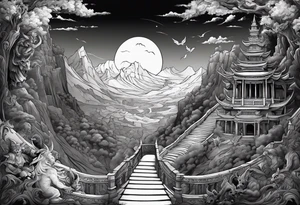 walking through the shadow valley of death with a stair case in the middle and lots of demons on one side and lots angel on the other side tattoo idea