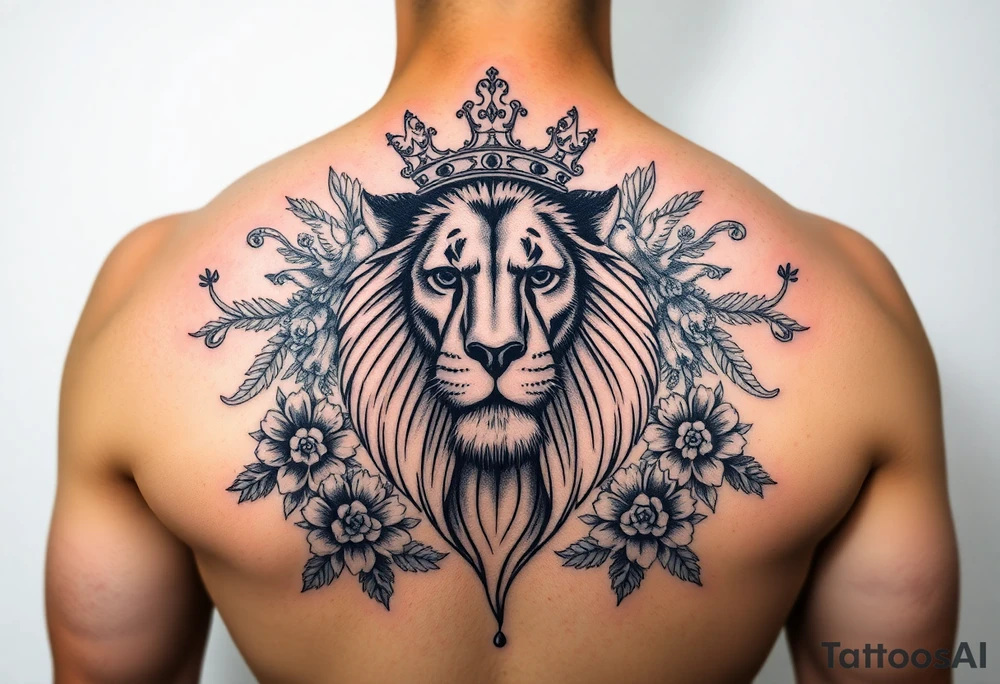 powerful majestic lion with a crown, surrounded by floral ornaments and birds tattoo idea