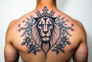 powerful majestic lion with a crown, surrounded by floral ornaments and birds tattoo idea