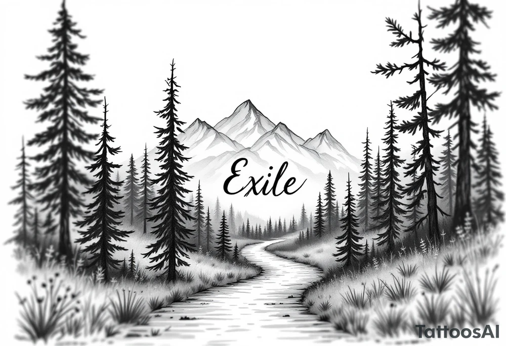 A path in the woods with mountains in the background, the word "Exile" blended in the drawing tattoo idea