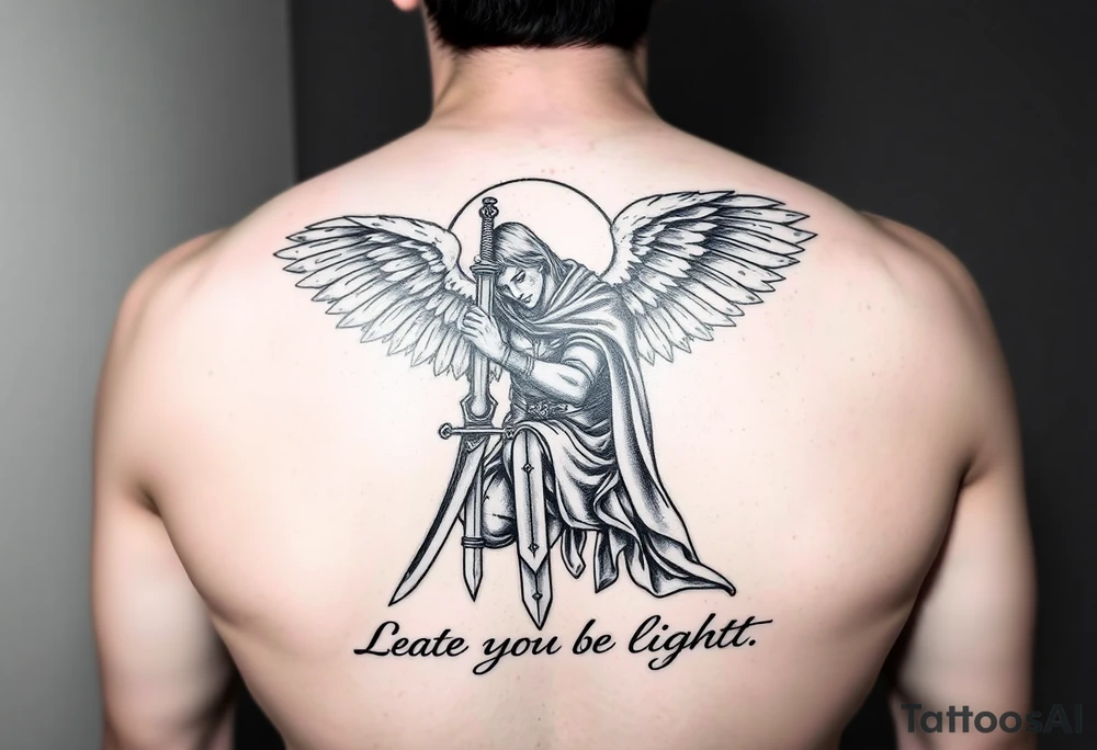 Warrior Angel with long sword  kneeling looking down cloak over head wings
 spread let there be light tattoo idea