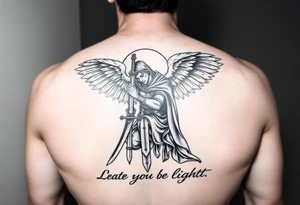 Warrior Angel with long sword  kneeling looking down cloak over head wings
 spread let there be light tattoo idea