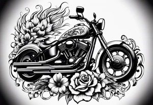 Flower and flame design to surround a current tattoo of a motorcycle tattoo idea