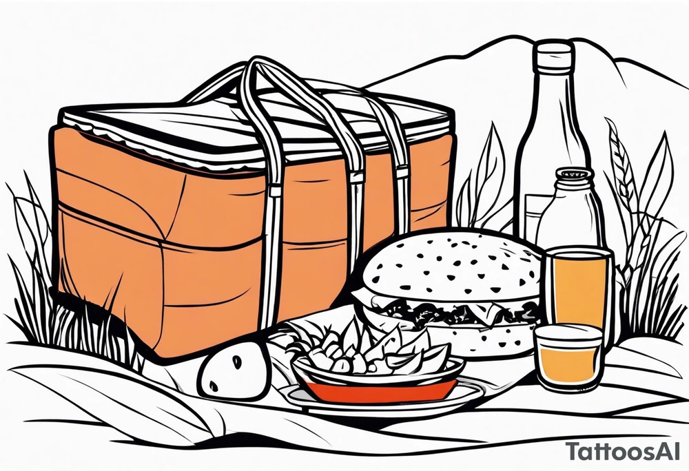 picnic scene in nature with a shecker blanket, a picnic basket and pillows. no food tattoo idea