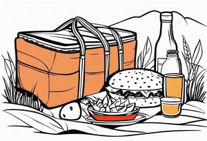 picnic scene in nature with a shecker blanket, a picnic basket and pillows. no food tattoo idea