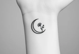 Small black and white tattoo waxing crescent moon with small Daisy birth flower and tiny Leo gliph tattoo idea