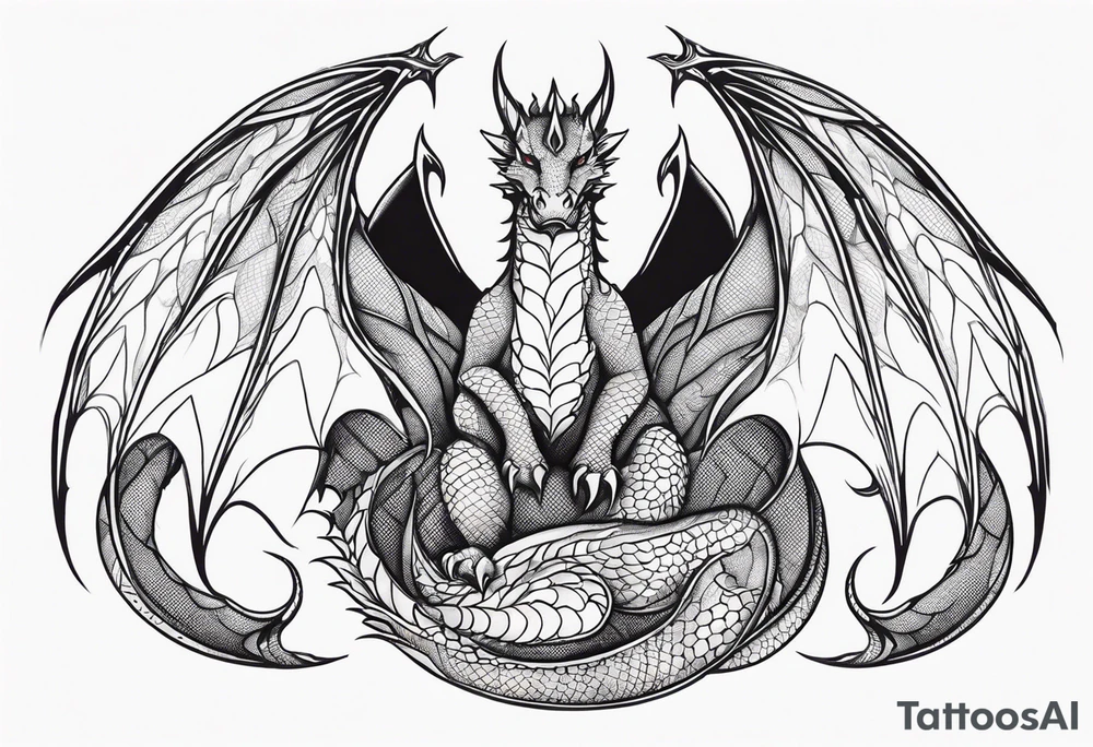 Mother dragon wings spread protecting 3 sleeping young dragons tattoo idea
