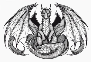 Mother dragon wings spread protecting 3 sleeping young dragons tattoo idea