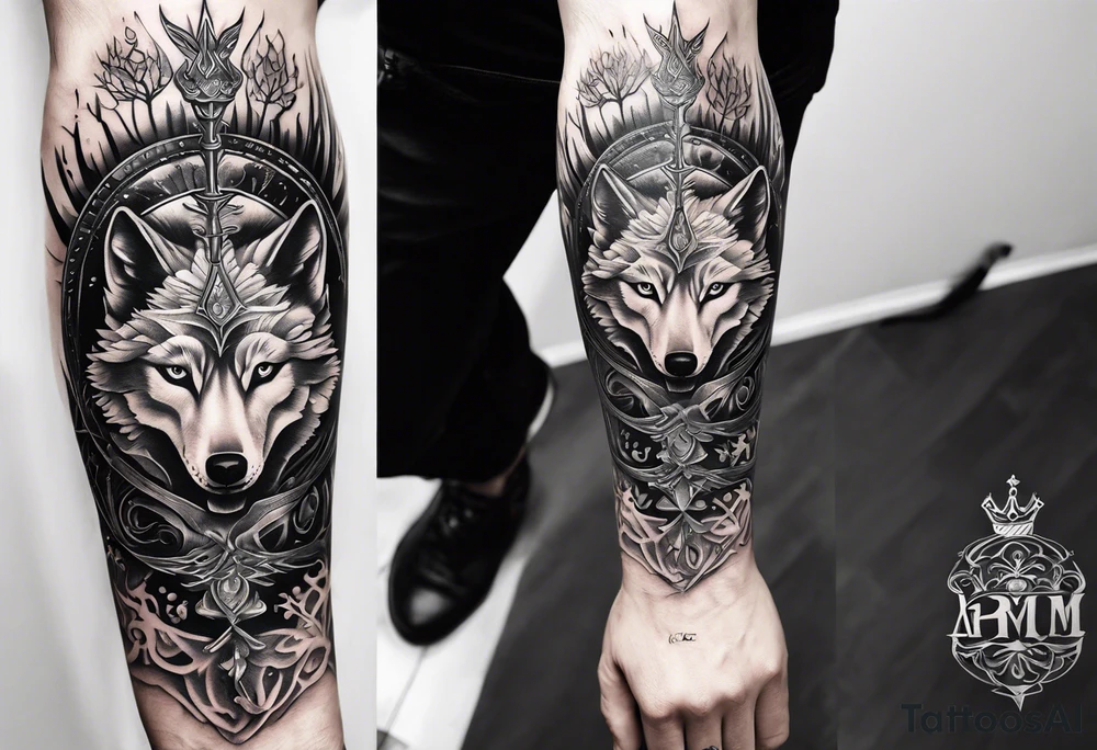 Create a vision of arm tattoo sleeve with combination of sword, crown, tree and three wolves to represent clients family roots tattoo idea