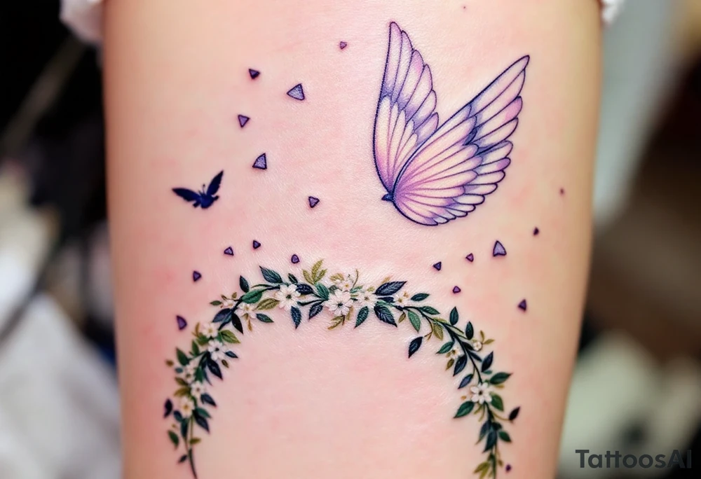 Skye flying gracefully above a wedding arch, her wings shimmering in soft pink and lavender hues, with delicate petals falling around her. The arch is adorned with ivy and small white flowers, symbolizing love and unity. tattoo idea