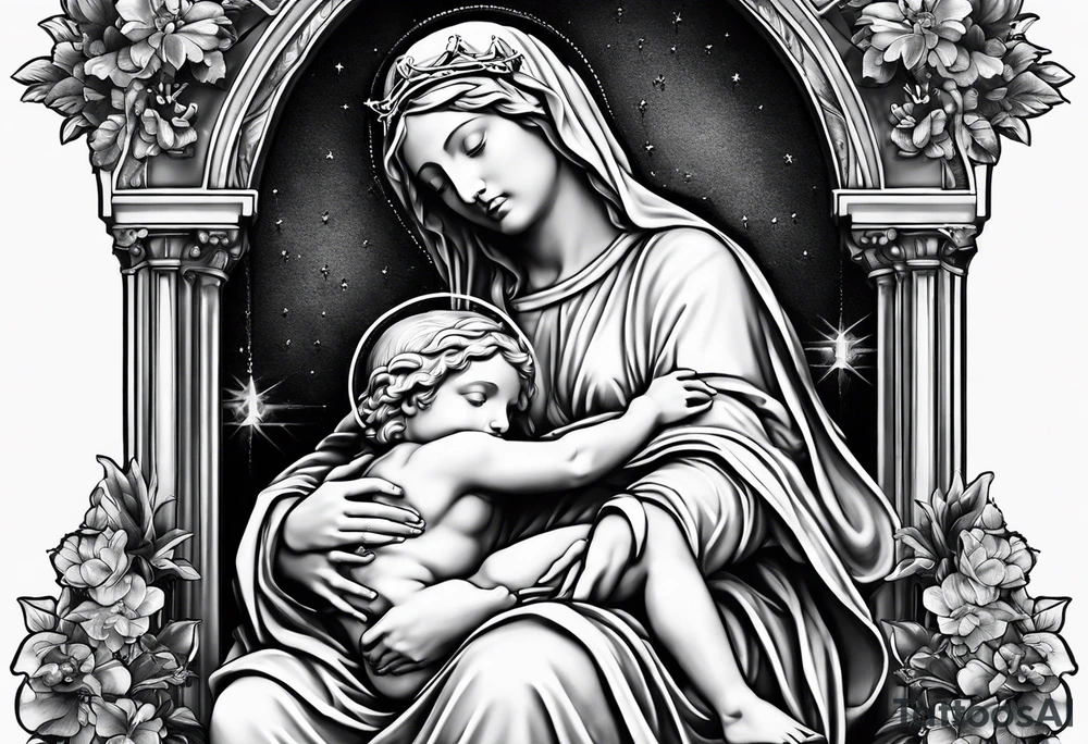 Pieta statue with crucifix and rosary. tattoo idea