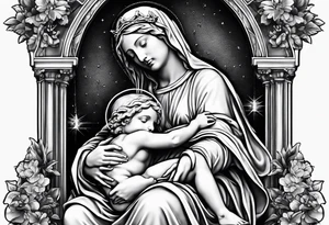 Pieta statue with crucifix and rosary. tattoo idea
